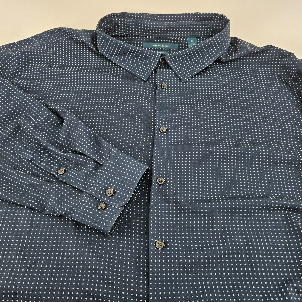 Perry Ellis Total Stretch Shirt 5X 5XL Big & Tall Navy Blue Polka Dot LS